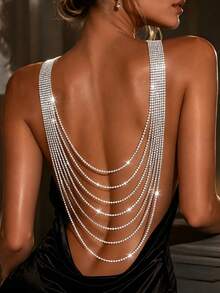 Fashionable Sexy Multi-Layer Tassel Rhinestone Necklace With Back Chain, Sparkling Jewelry Accessory For Women's Banquet And Party - Silver - View 1
