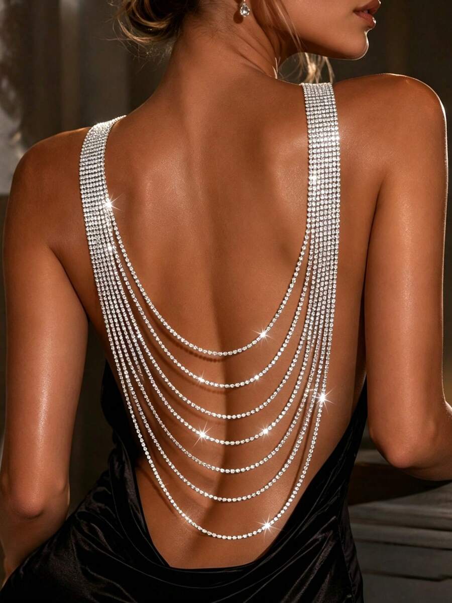Fashionable Sexy Multi-Layer Tassel Rhinestone Necklace With Back Chain, Sparkling Jewelry Accessory For Women's Banquet And Party - Silver - View 1