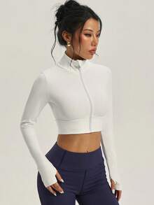 Hidkat Women's Fashion Solid Color Zip-Up Cardigan Stand Collar Long Sleeve Knit Yoga Casual Sports Jacket - White - View 3