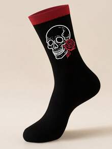 1 Pair Halloween Black & Red Colorblock Skull Rose Mid-Calf Socks For Men Women Couples - Black - View 4
