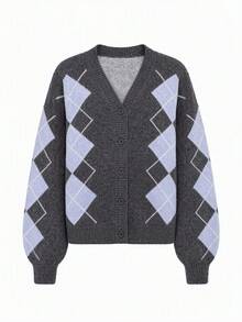 Cardigan Sweater Motif Berlian Wanita, Lengan Panjang dengan Kancing, Elastisitas Tinggi, Panjang Standar, Cocok untuk Dipakai di Musim Gugur - Grey - View 8