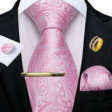 5Pcs Men Pink Paisley Jacquard Tie Pocket Square Cufflinks Tie Clip Ring Set, Cufflinks Pattern Random For Wedding - Pink - View 2