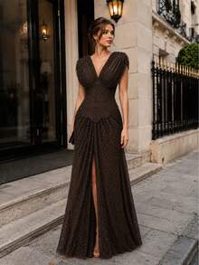 VIPGIRL Elegant Deep Brown Rhinestone Embellished Deep V-Neck Evening Gown With Cap Sleeves, Corset Waist, High Slit Long Skirt, Back Tie, For Wedding Guest, Graduation Prom, Year-End Gala, Banquet Party - Coffee Brown - View 2
