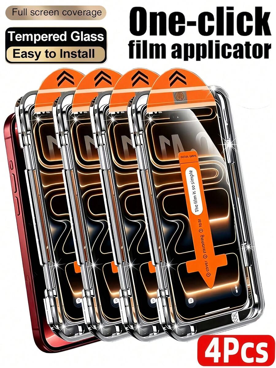 4Pcs HD Tempered Glass Film, One Click Dust-Proof Installation, Dust-Free Box, Mobile Phone Screen Protector Compatible With IPhone 18 Pro Max 17 16 15 14 Plus 13 12 11 Series, 9H Hardness Silk Screen Printing Process, Full Coverage, Explosion-Proof, Scratch Resistant Bubble Free, Automatic Adsorption, Smooth And Oil Repellent Protective Film