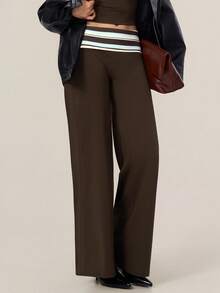 TimeOff Women's One Piece Autumn/Winter Striped Fold Waist Wide Leg Long Pants - Brown - View 10