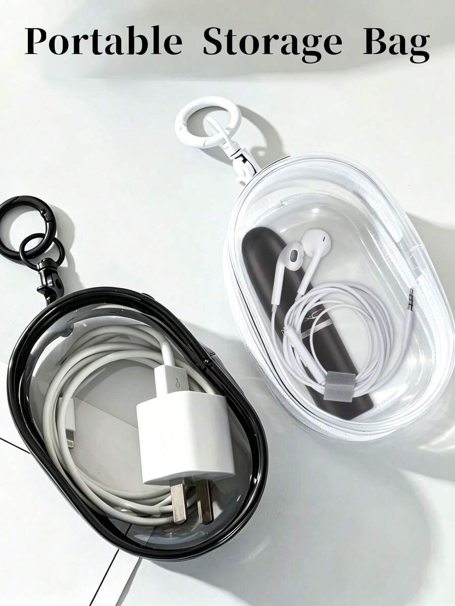 Mini Transparent PVC Storage Bag, Dual Zipper, Portable Hook Design, Clear Storage Pouch For Data Cables, Chargers, Lipsticks, Travel Accessories - Multicolor - View 1