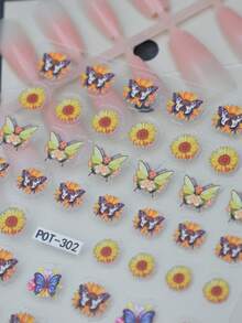 1pc Colorful Butterfly & Small Flower Nail Stickers, Yellow Sunflower Nail Decals, Self-Adhesive Glitter Nail Art, Asymmetrical Shape, Fresh Style, Suitable For Daily Commute And Autumn Outings - Multicolor - View 3