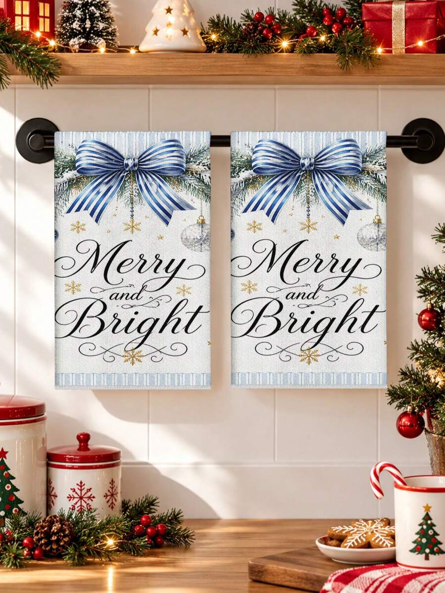 聖誕毛巾 Merry And Bright 裝飾性廚房手巾 松枝條紋蝴蝶結雪花星星掛飾 節日禮物家居裝飾 廚房浴室毛巾 - 彩色 - 查看 1
