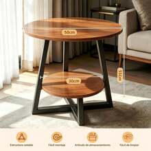 Mesa de centro redonda de 2 niveles, mesa auxiliar de madera decon estante de almacenamiento, mesas de madera para sala de estar, mesa de acento que ahorra - Marrón - Ver 2