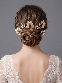 6pcs/Set French Vintage Gold Leaf Crystal Rhinestone Hair Sticks, Greek Goddess Style Braided Hair Decoration Hair Forks, Alloy Hair Accessories - Gold - View 3