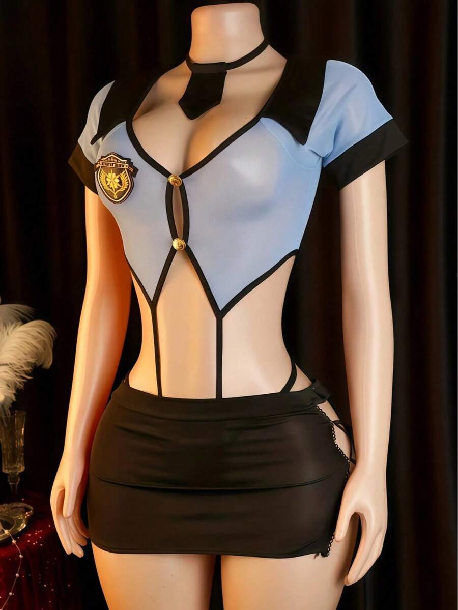 Women's Themed Role Play Costume Set, Mesh Short Sleeve Top + Bodycon Mini Skirt With Tie, Suitable For Halloween Party Outfit - Dusty Blue - View 1
