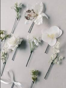 10-Piece Set Of Realistic White Lilies, Roses, And Baby's Breath Flower Hair Clips; Bohemian Bridal Updo Headpiece; Forest-Themed Floral Hair Accessory For Wedding Photos. - White - View 4
