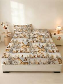 1PC Gold Christmas Snow Scene Pattern Fitted Sheet (Fitted Sheet Only, No Pillowcase), Santa Claus Print Soft Bedroom Bedding, Suitable For Bedroom, Guest Room, School Dormitory Fitted Sheet, Easy To Remove And Machine Washable All Season Mattress Protector, Perfect Christmas Gift For Parents And Friends - Multicolor - View 5