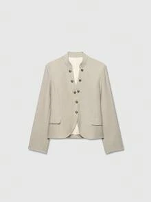 Women's Long Sleeve Stand Collar Button Blazer - Light Khaki - View 1