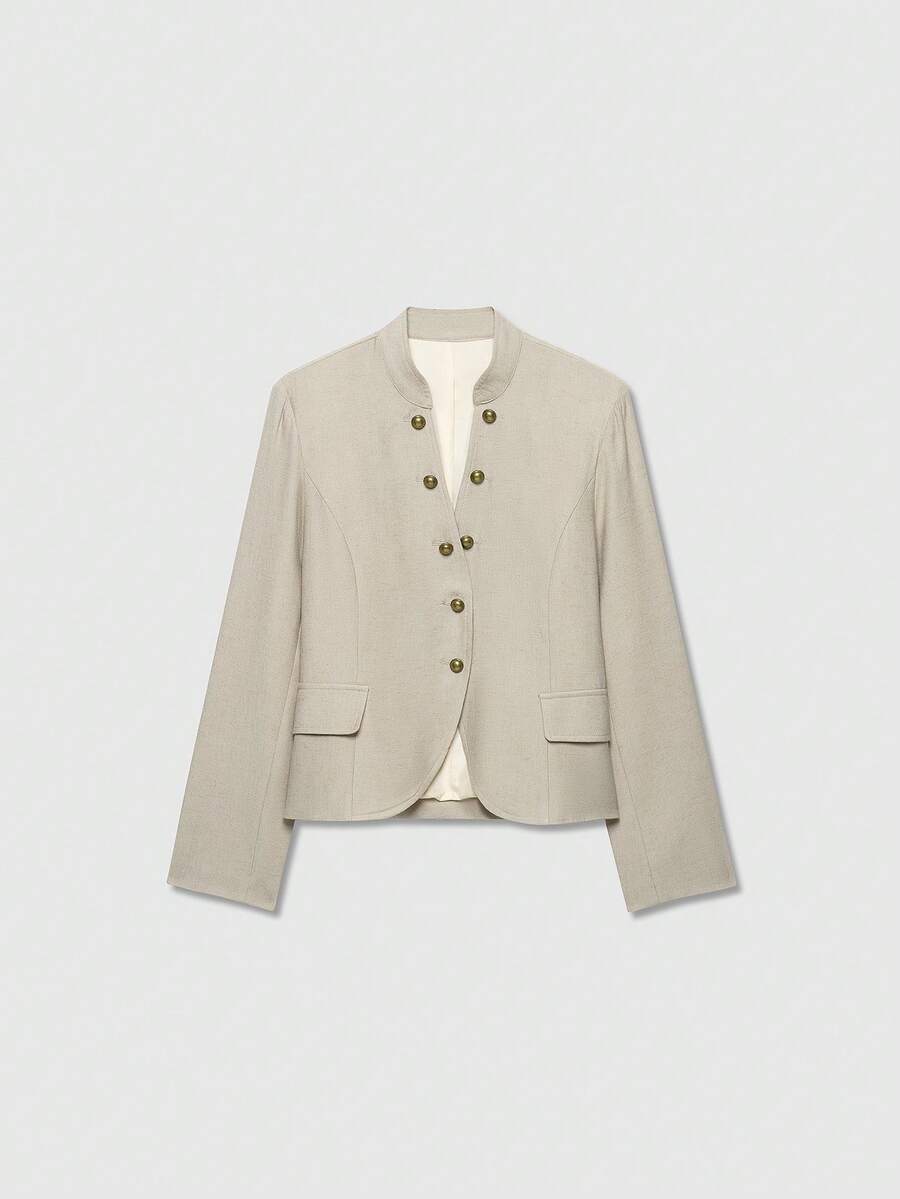Women's Long Sleeve Stand Collar Button Blazer - Light Khaki - View 1