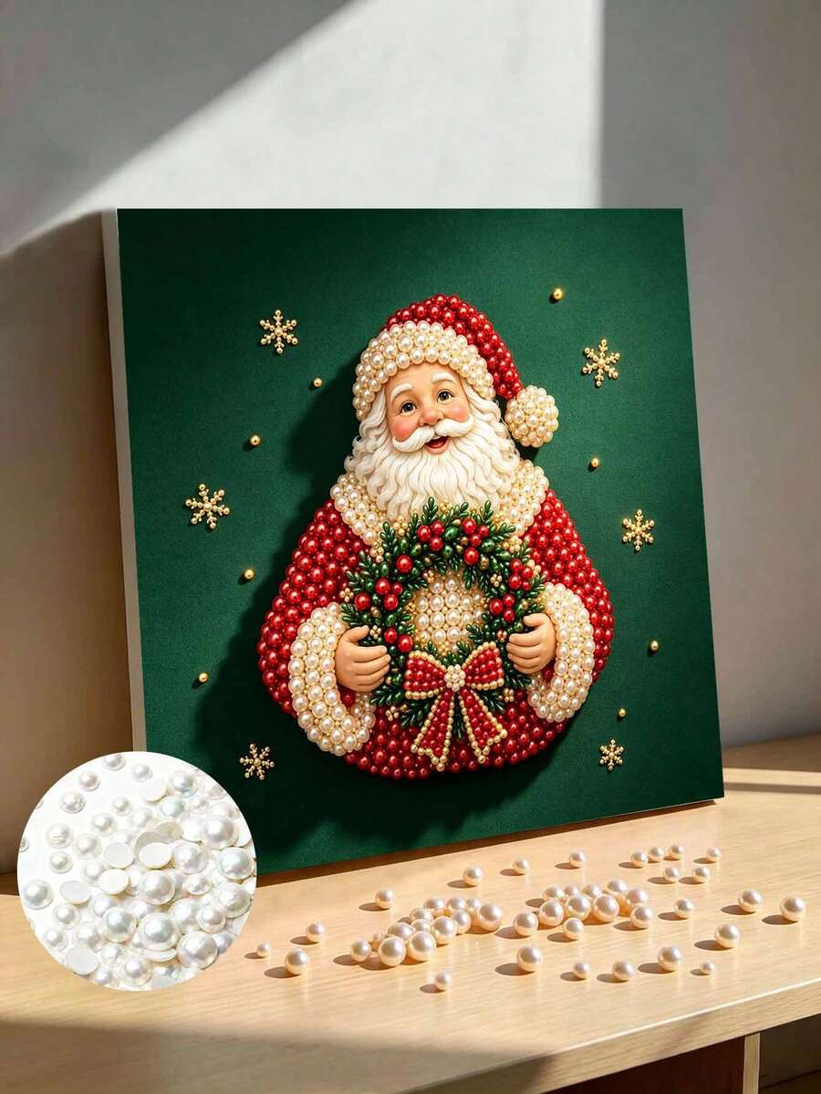 Handmade Pearl Painting Set With Frame, Santa Claus Holding Garland Design, Full Set Of Hand Tools, Drill Pen, Rubber Plate, Latest Frame Art, Christmas Gift.