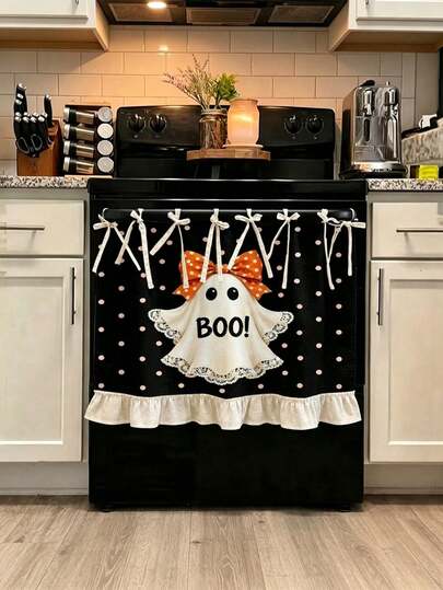 Halloween Kitchen Appliance Cover And Oven Curtain - Multifunctional Protective Cover With Cute Ghosts, "Boo" Text And Polka Dots, Lace Trim And Ribbon Tie Closure Suitable For Ovens, Microwaves, Stoves, Holiday Decor For Home