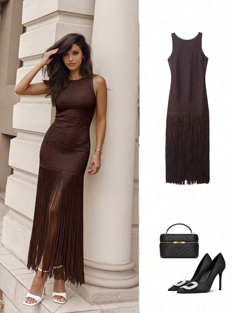 Women's Fashionable Vacation Style Casual Fringe Bodycon Dress, Autumn Elegant Summer - Coffee - View 1