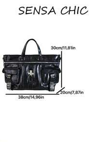 Tote Bag Cool Cross Decor Travel Large Bag, Multi-Pocket 3D Patchwork, Eyelet Rivet Ribbon Design, Top Zipper Closure, Dual Handles With Wide Strap, Handheld & Crossbody Two-Way Use, Suitable For Short Trips, Creating Subculture Street Style Outfit - Black - View 2