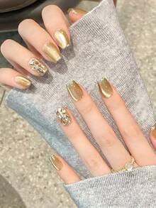 10pcs Handmade Press-On Nails, Y2K Style, Autumn Maple Leaf Color Palette, Autumn Floral & White Gradient, Caramel Gradient, Suitable For Girls And Women For Festivals, Music Festivals, Daily Wear, Valentine's Day Gift - Gold - View 4