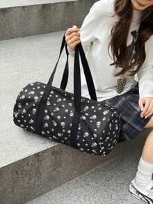 Cute White Allover Cartoon Bear Print Cylindrical Duffle Bag, Large Portable Shoulder Weekender Bag For Gym Sports Short Overnight Travel - Multicolor - View 2