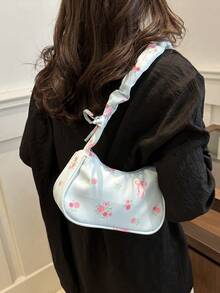 1pc Blue Nylon Fabric Smooth Zipper Floral Print Drawstring Shoulder Strap Fashion Versatile Casual Minimalist Autumn/Winter New Elegant Niche Shoulder Women Bag Suitable For Daily Use - Blue - View 2