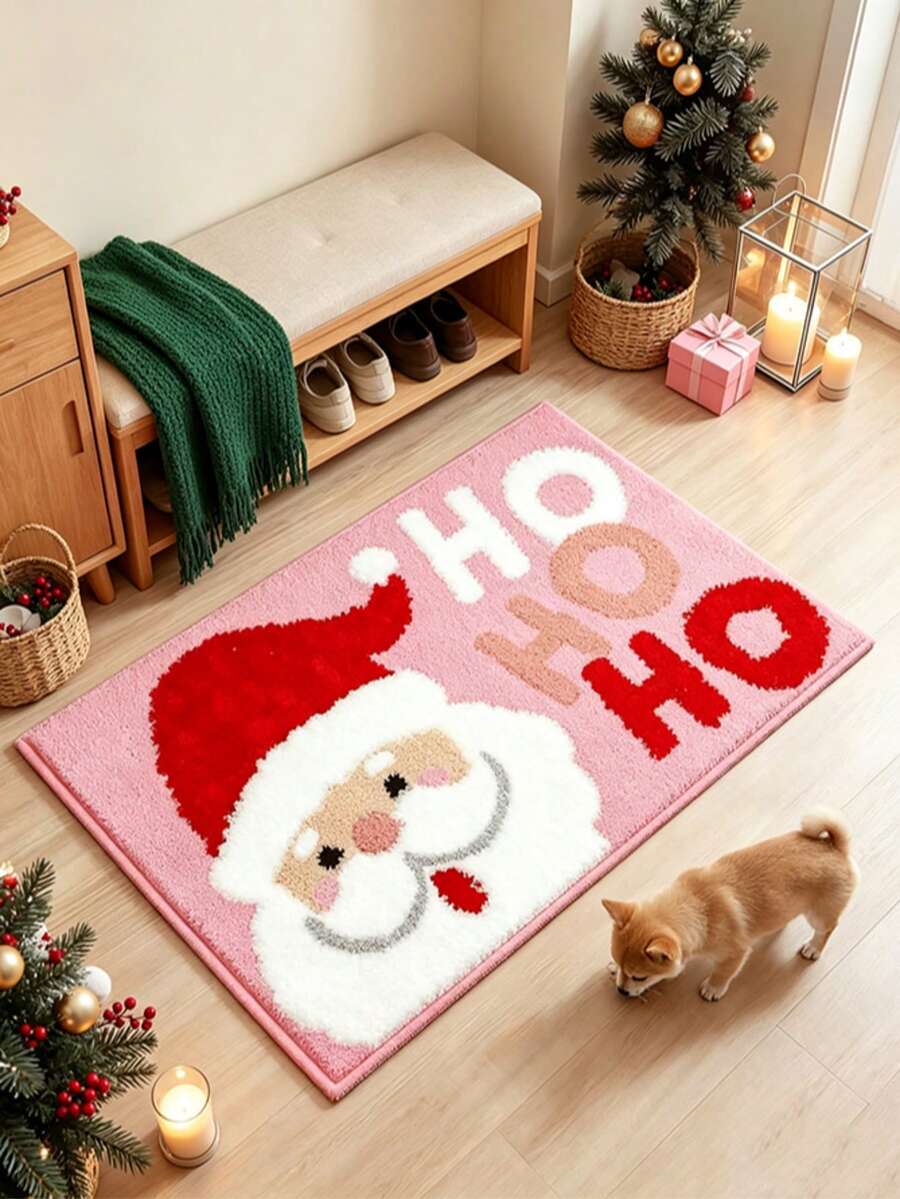 1 pieza de felpudo rosa con estampado de Papá Noel, alfombra pequeña, felpudo de bienvenida, moqueta, felpudo para el suelo, felpudo para exteriores, alfombra de cocina, decoración del hogar, felpudo para la puerta principal, alfombra de dormitorio, alfombra para exteriores, decoración del hogar, alfombra de área, alfombra de jardín, alfombra lavable - Multicolor - Ver 1