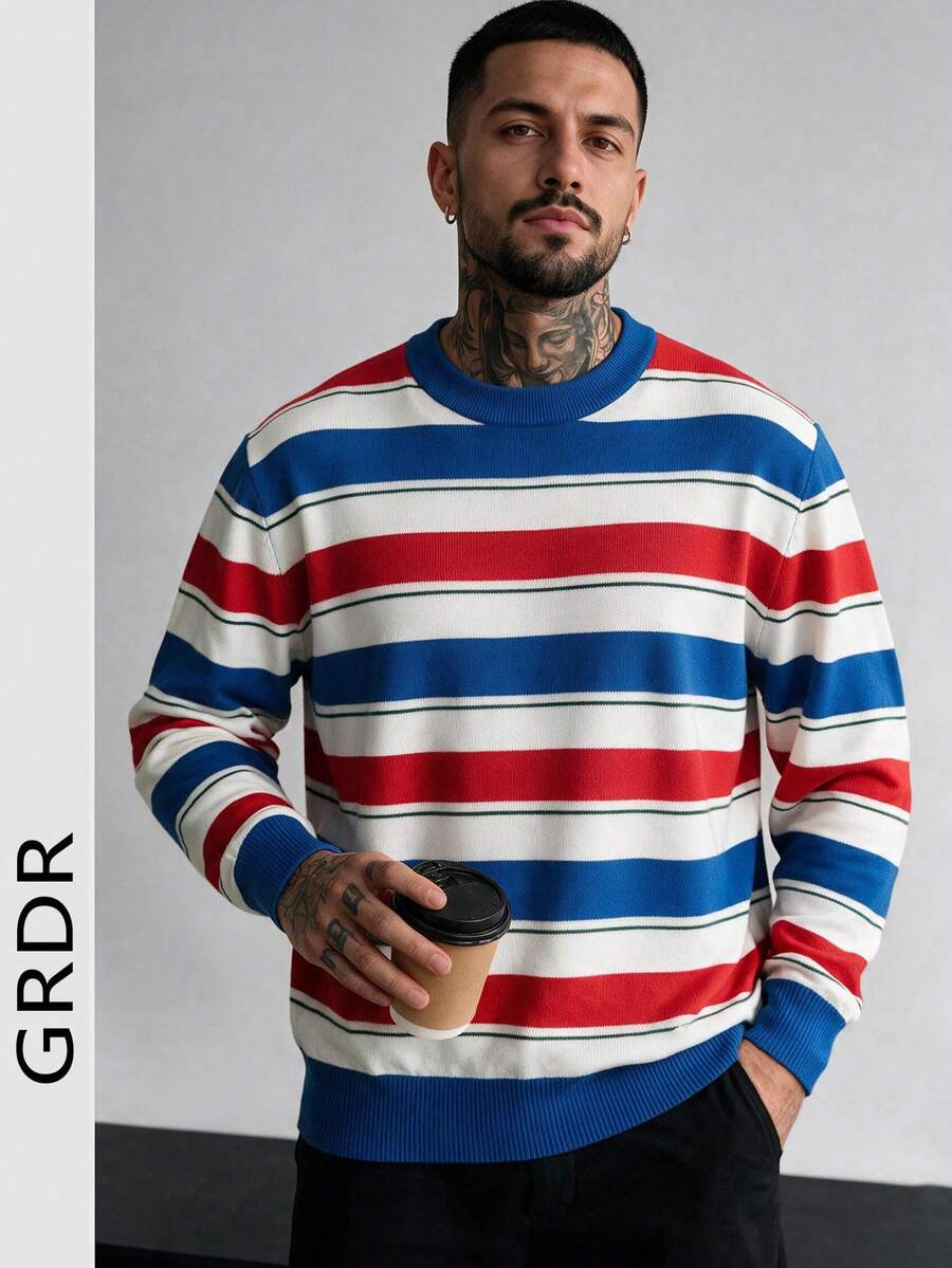 GRDR Men's Crew Neck Contrast Color Horizontal Striped Knit Sweater Preppy American Vintage Autumn/Winter Casual Pullover - Blue - View 1