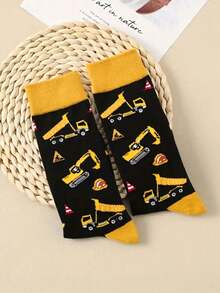Men's Mid-Calf Socks 1/3 Pairs Randomly Shipped, Fun Pattern Socks With Construction Vehicle And Red Wine Print, Novel Mid-Calf Socks Suitable For Daily Casual Wear, Gift - Multicolor - View 4