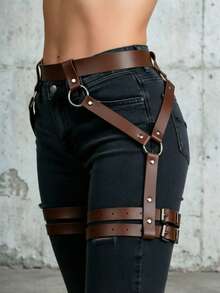 1pc Women's Casual Sexy Coffee Color Punk Style PU Leather Lace-Up Leg Strap Waist Belt Harness, Suitable For Party, Gathering, Halloween, Daily Commute Outfit Accessory - Coffee Brown - View 2