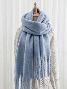 1pc Solid Color Scarf, Warm Neck Accessory For Winter, Thick Knitted Wool Tassel Shawl, Suitable To Pair With Dresses,Beach,Holiday - Blue - View 4