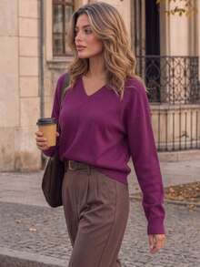 GIGOGOU Spring Autumn Basic Soft Cozy Women Knit Sweater Casual Thin Long Sleeves Pullover Top For Fall Black - Purple - View 5