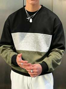 Men's Spring/Autumn Colorblock Pullover Sweatshirt, Regular Crew Neck Fit, Suitable For Daily Wear - Black - View 2