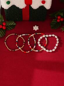 4pcs Exquisite Christmas Colorful Beads Faux Pearl Multi-Layer Elastic Bracelet Set Suitable For Women Daily Wear, Holiday Party, Christmas Gift - Multicolor - View 3