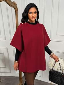AIJ Women's Burgundy Cape-Style Short Sleeve Button Decor Jacket, Fashionable And Elegant, Suitable For Autumn/Winter Business Casual, Evening Party, And Christmas Occasions - Burgundy - View 5