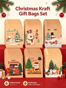 10/60pcs Christmas Candy Paper Bags Christmas Tree Santa Claus Kraft Paper Bags Holiday Party Snack Gift Packaging Bags - Mocha Brown - View 1