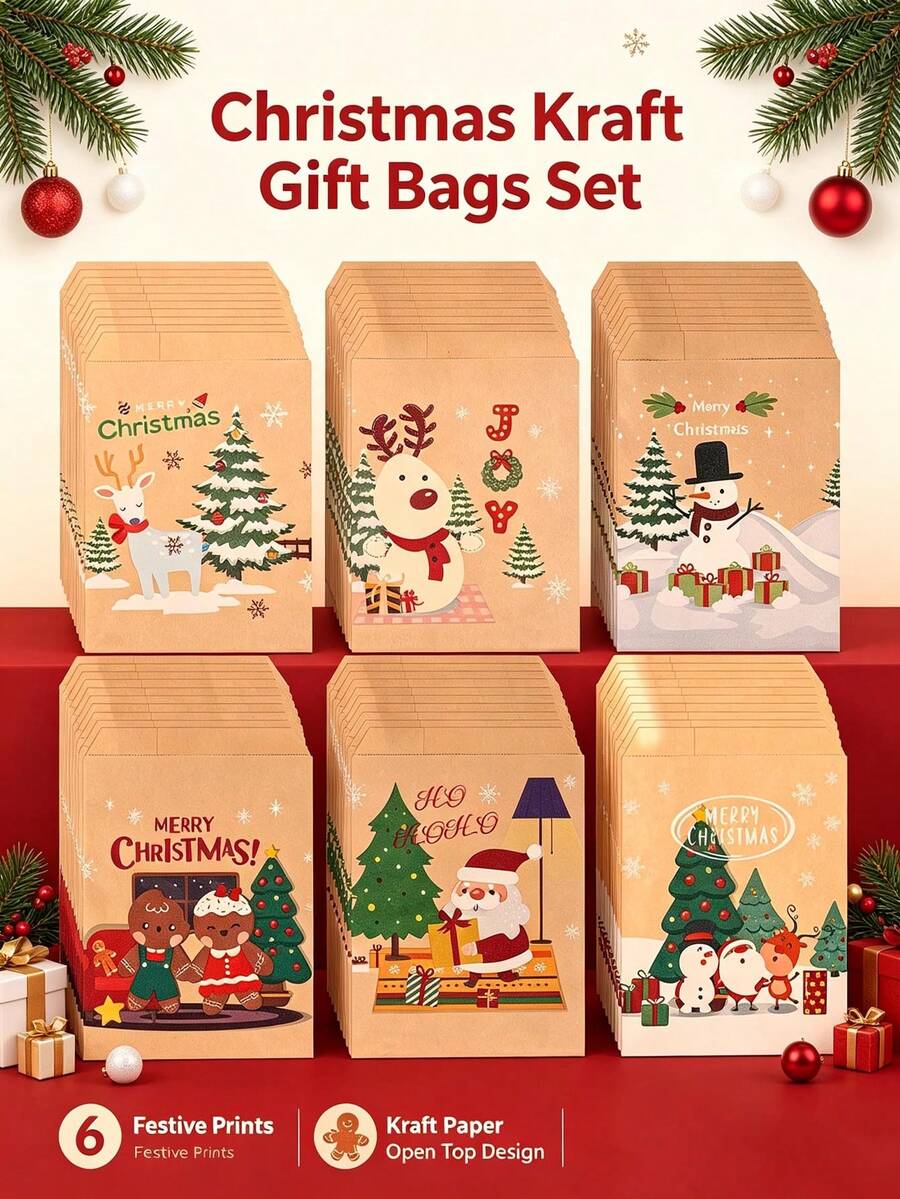 10/60pcs Christmas Candy Paper Bags Christmas Tree Santa Claus Kraft Paper Bags Holiday Party Snack Gift Packaging Bags - Mocha Brown - View 1