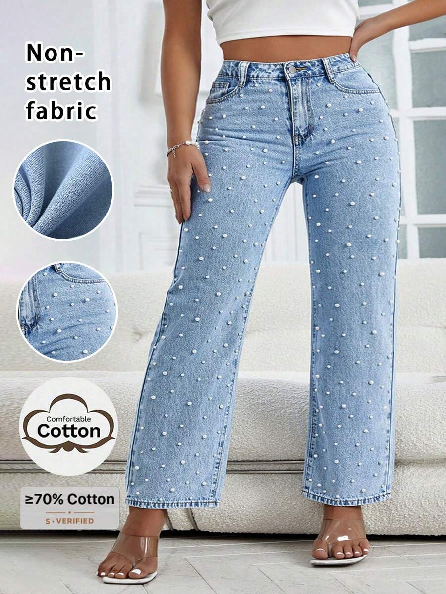 Plus Size Women Distressed Light Blue Faux Pearl Embellished Jeans Casual Spring Fall - Light Wash - View 1