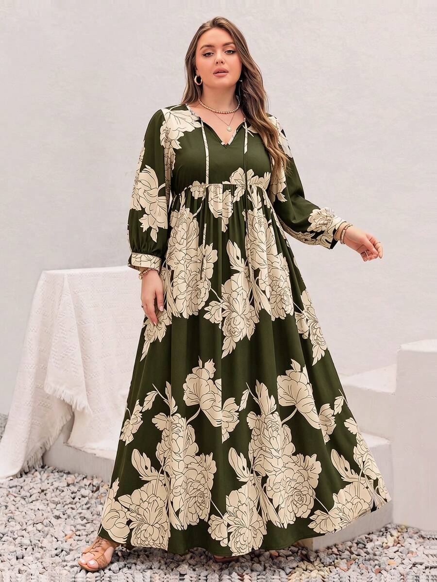 Rusttydustty 大尺碼女款波希米亞風寬鬆休閒綠色花卉印花長洋裝,適合海邊出遊、秋季、萬聖節度假,優雅風格 - 軍綠色 - 查看 1