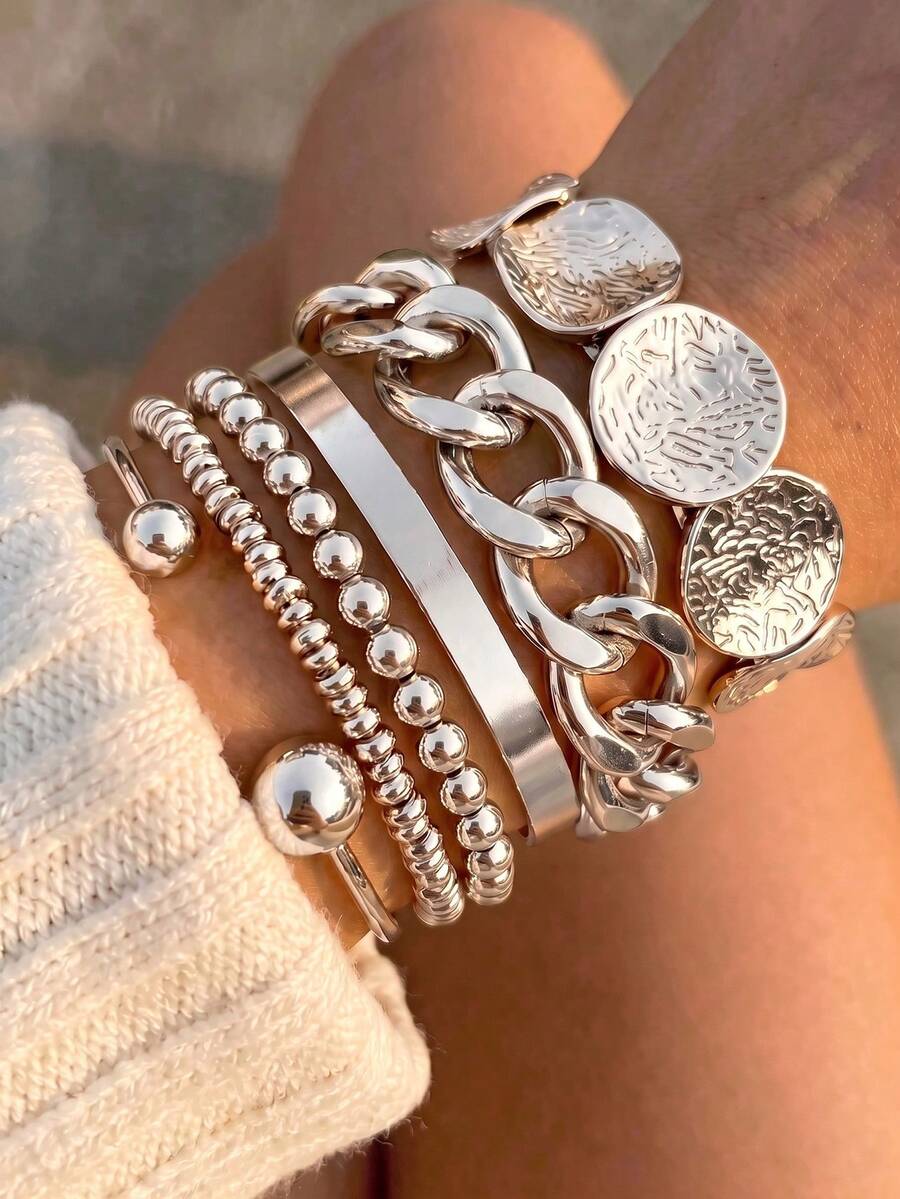 6pcs/Set Women's Silver Stackable Bracelets, Thick Cuban Chain, Textured Coin Disc And Beaded Bracelets, Bohemian Punk Street Style Jewelry - Silver - View 1
