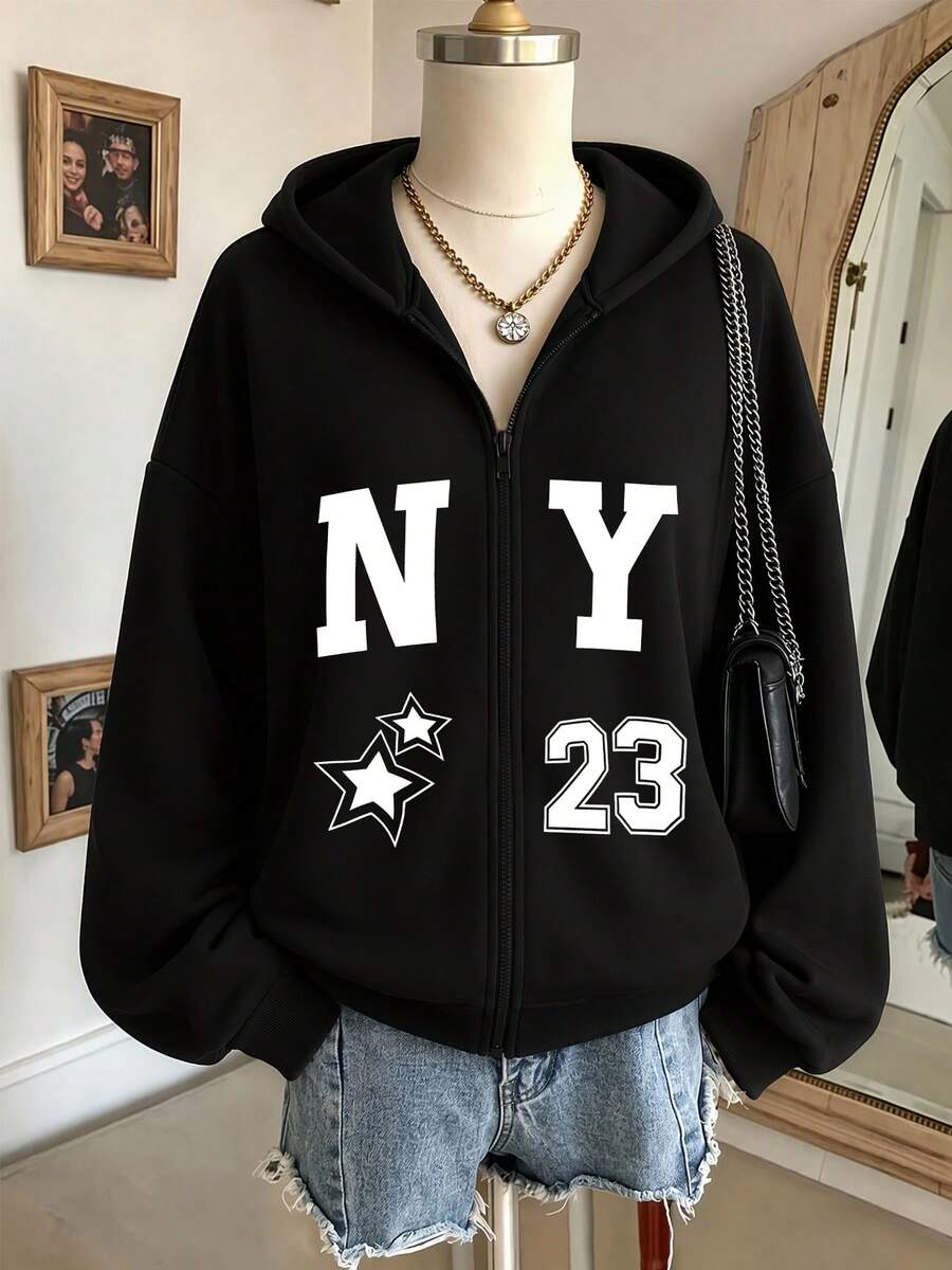 Women's Autumn/Winter Zip-Up Sweatshirt, Casual Loose Plus Size Sweatshirt Jacket, "NY 23 Stars" Print, Y2K Dark Punk Style, Suitable For Daily Wear - Black - View 1