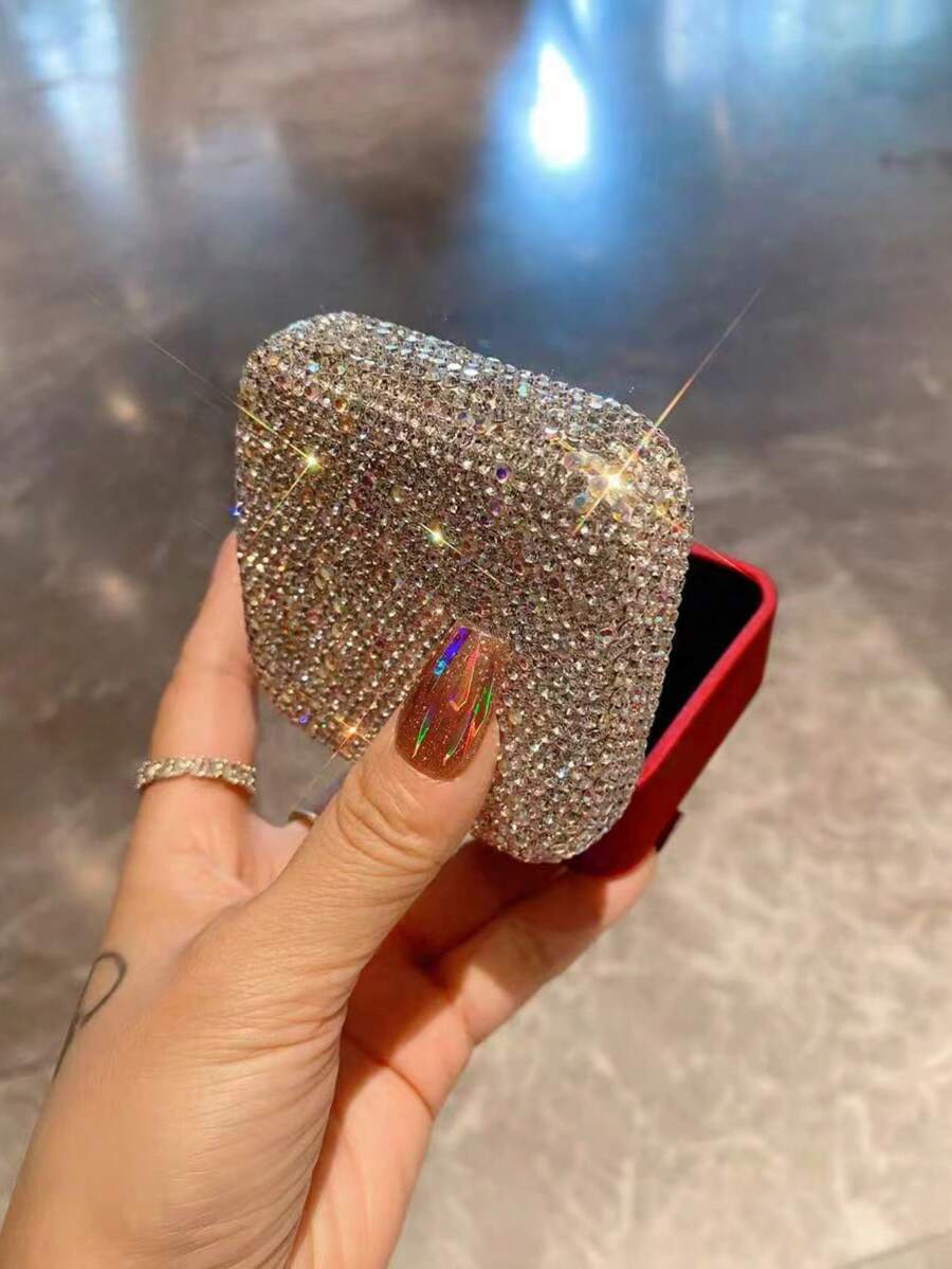 1pc Luxury Sparkling Artificial Rhinestone Jewelry Storage Box, Makeup Pad, Lipstick, Ring, Earring, Necklace Organizer, Travel Portable Bathroom Vanity Jewelry Box, Holiday Gift
