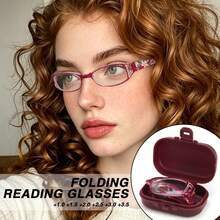 1pc New Fashion Floral Rectangular Frame Reading Glasses, Premium Hollow Design, Foldable Portable, With Matching Independent Glasses Case, Portable Storage, Essential For Office And Reading, Great Gift Choice - Hot Pink - View 1