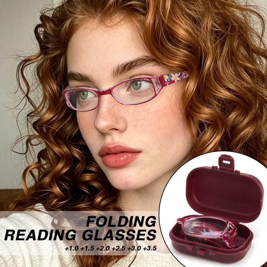1pc New Fashion Floral Rectangular Frame Reading Glasses, Premium Hollow Design, Foldable Portable, With Matching Independent Glasses Case, Portable Storage, Essential For Office And Reading, Great Gift Choice - Hot Pink - View 1