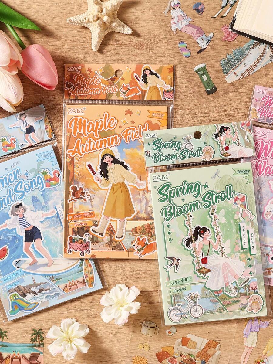 20pcs/Book Of Stickers With Four-Season Landscapes And Character Designs, Creative DIY Decoration Material For Planners And Diaries, Available In 4 Colors, Can Be Given As Christmas Gifts To Friends - Single Piece - View 1