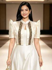 現代菲律賓風上衣 蝴蝶袖 Filipiniana 女款優雅印花泡泡短袖上衣 - 香檳色 - 查看 5