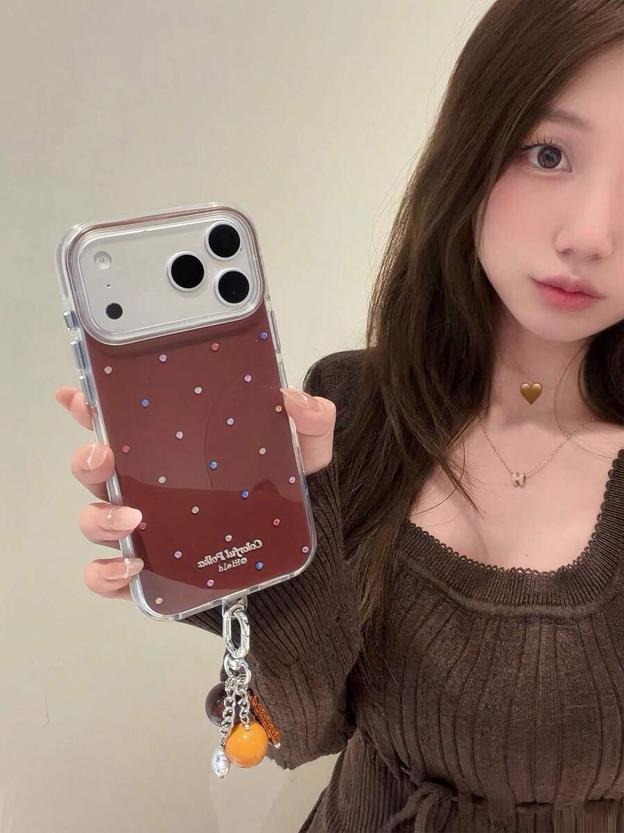 Ins Autumn/Winter Maillard Colorful Rhinestone Phone Case Compatible With Apple 18 Pro Max, 17 Pro, New 16, 15, 14, 13, Women's Niche Girly Style With Pendant, Full Coverage Hard Shell - Brown - View 1