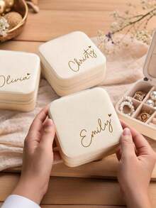 Personalized Name Jewelry Box, Customized Classic Rectangular Fabric Lined Travel Storage Box With Zipper Closure And Cufflink Compartment, Bridesmaid Gift Box, Perfect Bridesmaid Invitation Gift Or Couple Keepsake, Wedding Gift, Jewelry Box - Multicolor - View 5