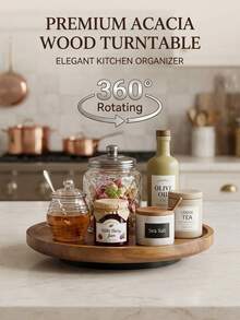1pc 360° Rotating Wooden Tray, Spice Rack, Kitchen Organizer, Turntable, Multipurpose Wooden Platter, 8-Inch Round Wooden Spice Holder, Suitable For Kitchen Cabinet And Storage, Housewarming, Father's Day, Graduation Gift - View 2