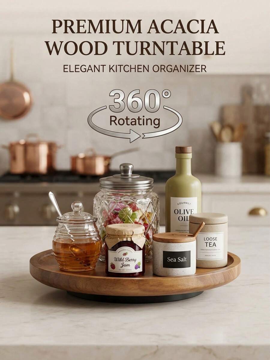 1pc 360° Rotating Wooden Tray, Spice Rack, Kitchen Organizer, Turntable, Multipurpose Wooden Platter, 8-Inch Round Wooden Spice Holder, Suitable For Kitchen Cabinet And Storage, Housewarming, Father's Day, Graduation Gift